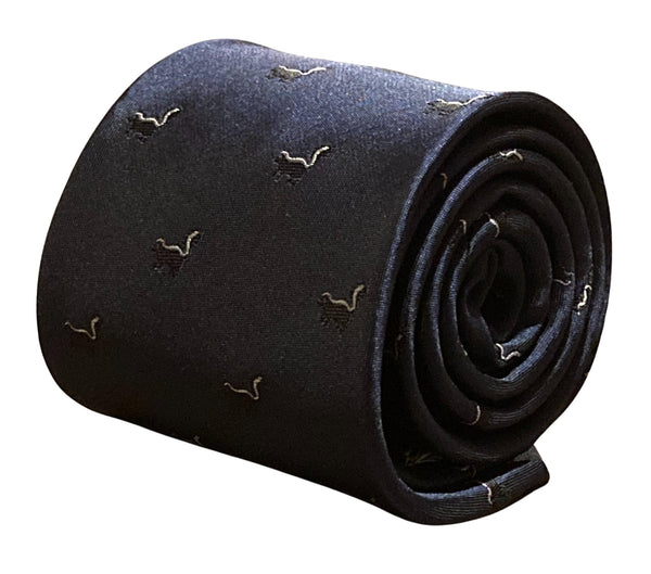 navy blue tie with skunk embroidered design